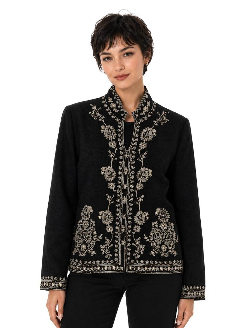 Silk Land Petite Black Embellished Silk Jacket